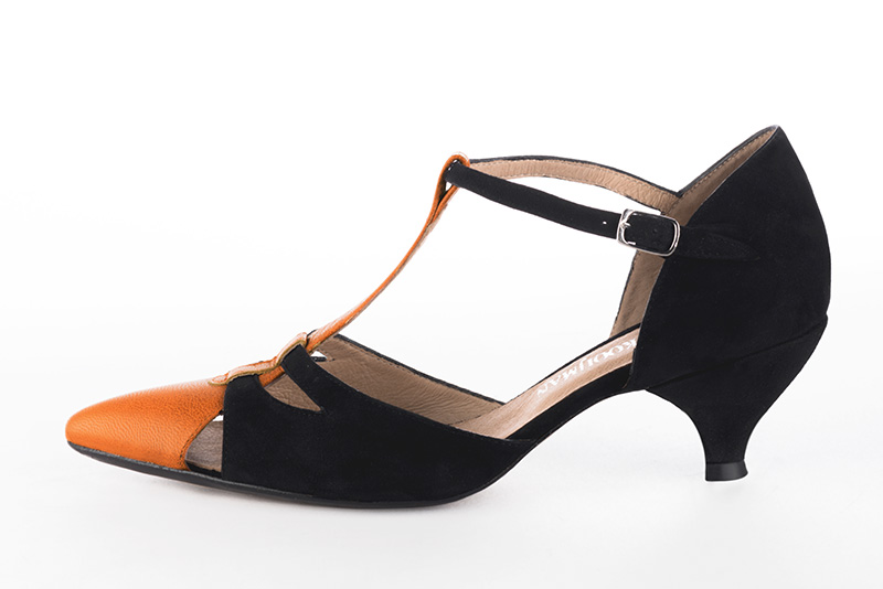 Apricot orange and matt black women's T-strap open side shoes. Tapered toe. Medium spool heels. Profile view - Florence KOOIJMAN